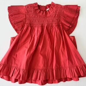 Love the Label Poppy Top Coral Salmon Smocked Size Large Short Sleeve Cotton